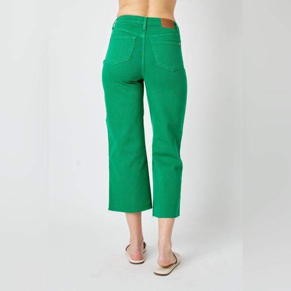 ☘️ NEW ☘️ JUDY BLUE | Green High Waist Garment Dyed Tummy Control Wide Leg Crop - Picture 6 of 8